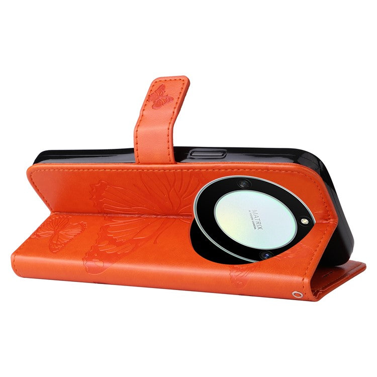 KT Imprinting Series-2 for Honor X40 5G / X9a 5G / Magic5 Lite 5G PU Leather Horizontal Stand Wallet Case Imprinted Butterfly Pattern Magnetic Clasp Protective Cover - Orange