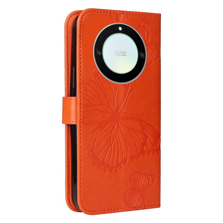 KT Imprinting Series-2 for Honor X40 5G / X9a 5G / Magic5 Lite 5G PU Leather Horizontal Stand Wallet Case Imprinted Butterfly Pattern Magnetic Clasp Protective Cover - Orange