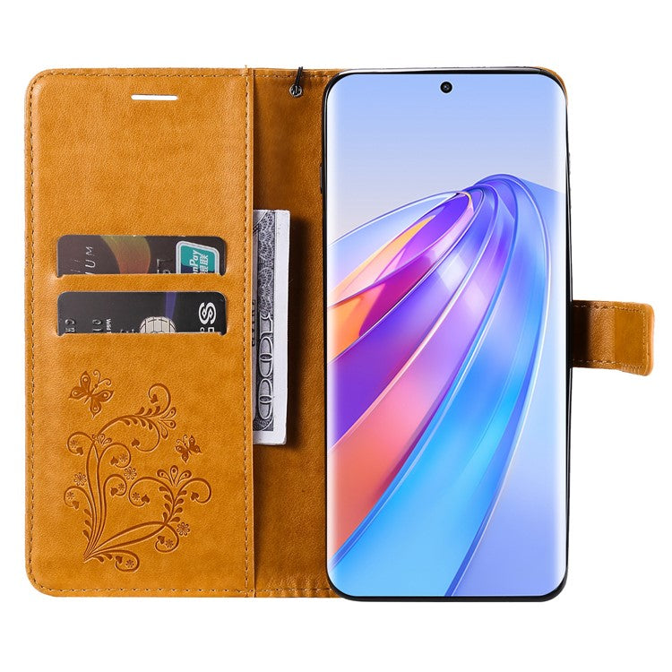 KT Imprinting Series-2 for Honor X40 5G / X9a 5G / Magic5 Lite 5G PU Leather Horizontal Stand Wallet Case Imprinted Butterfly Pattern Magnetic Clasp Protective Cover - Yellow