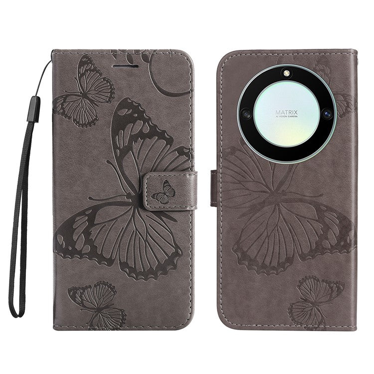 KT Imprinting Series-2 for Honor X40 5G / X9a 5G / Magic5 Lite 5G PU Leather Horizontal Stand Wallet Case Imprinted Butterfly Pattern Magnetic Clasp Protective Cover - Grey