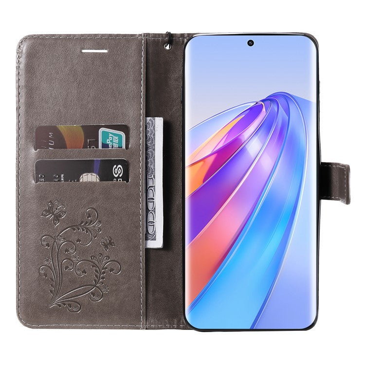 KT Imprinting Series-2 for Honor X40 5G / X9a 5G / Magic5 Lite 5G PU Leather Horizontal Stand Wallet Case Imprinted Butterfly Pattern Magnetic Clasp Protective Cover - Grey