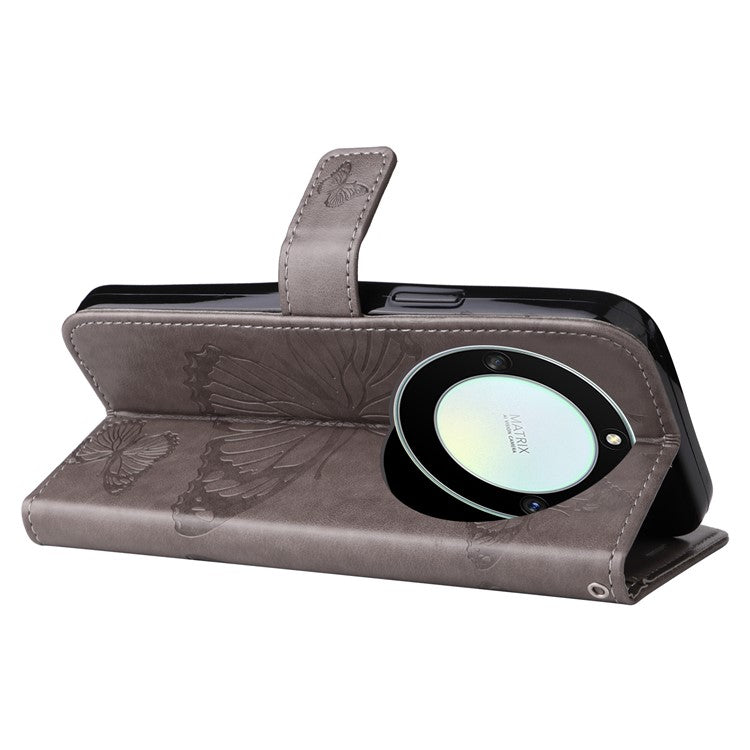 KT Imprinting Series-2 for Honor X40 5G / X9a 5G / Magic5 Lite 5G PU Leather Horizontal Stand Wallet Case Imprinted Butterfly Pattern Magnetic Clasp Protective Cover - Grey