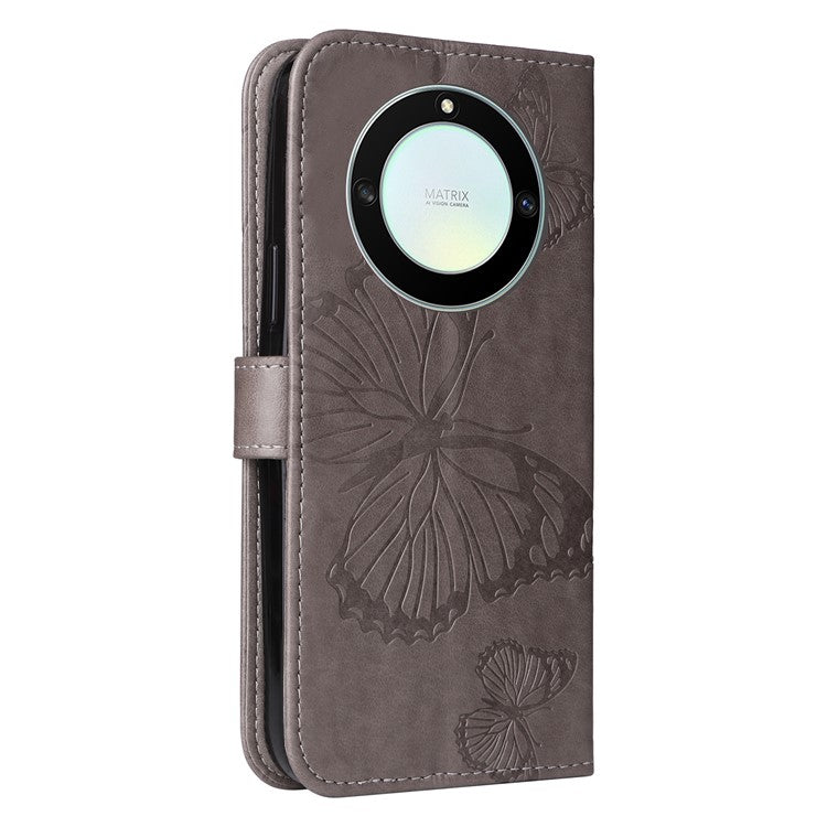 KT Imprinting Series-2 for Honor X40 5G / X9a 5G / Magic5 Lite 5G PU Leather Horizontal Stand Wallet Case Imprinted Butterfly Pattern Magnetic Clasp Protective Cover - Grey
