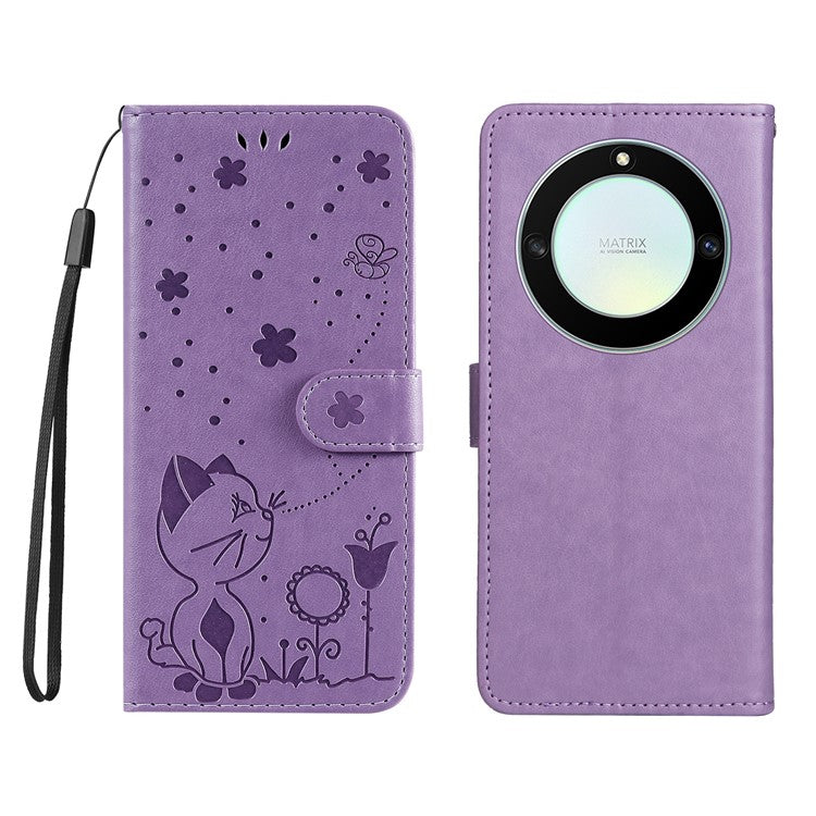 KT Imprinting Flower Series-4 for Honor X40 5G / X9a 5G / Magic5 Lite 5G Shockproof PU Leather Phone Shell, Imprinted Cat Bee Flower Stand Wallet Phone Case - Purple