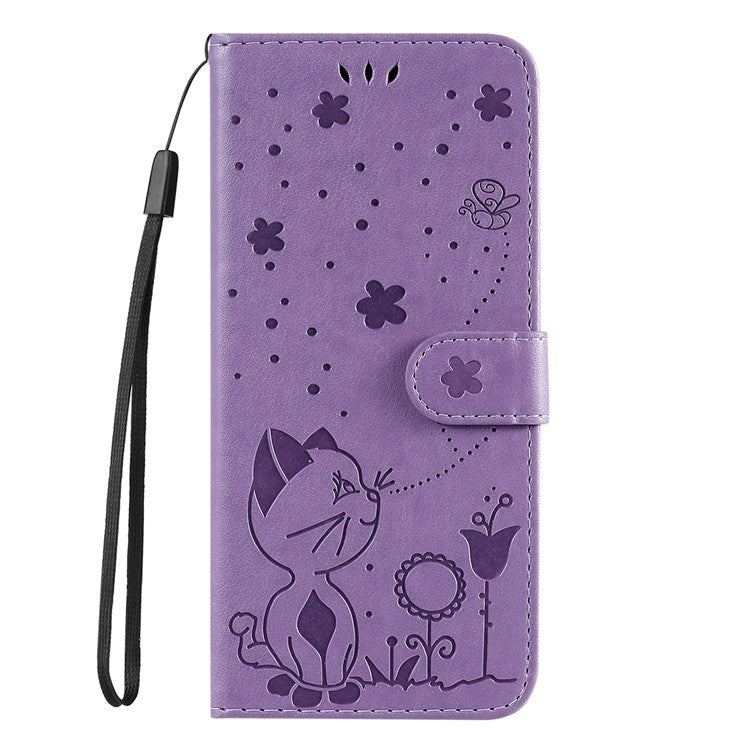 KT Imprinting Flower Series-4 for Honor X40 5G / X9a 5G / Magic5 Lite 5G Shockproof PU Leather Phone Shell, Imprinted Cat Bee Flower Stand Wallet Phone Case - Purple