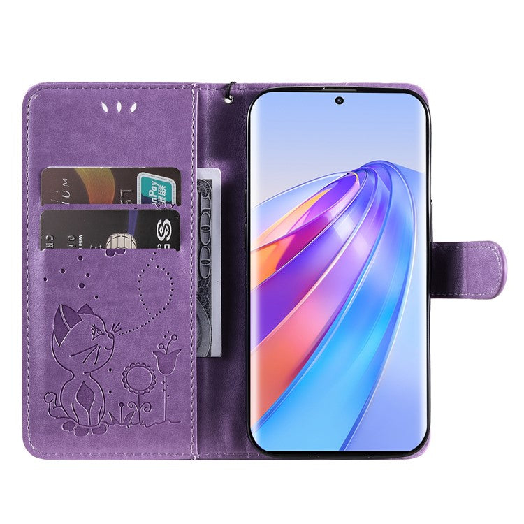 KT Imprinting Flower Series-4 for Honor X40 5G / X9a 5G / Magic5 Lite 5G Shockproof PU Leather Phone Shell, Imprinted Cat Bee Flower Stand Wallet Phone Case - Purple