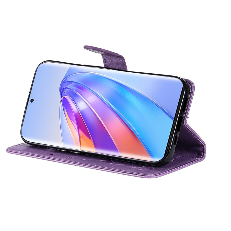 KT Imprinting Flower Series-4 for Honor X40 5G / X9a 5G / Magic5 Lite 5G Shockproof PU Leather Phone Shell, Imprinted Cat Bee Flower Stand Wallet Phone Case - Purple