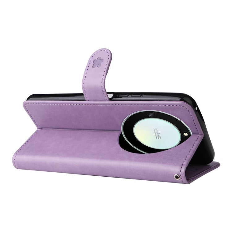 KT Imprinting Flower Series-4 for Honor X40 5G / X9a 5G / Magic5 Lite 5G Shockproof PU Leather Phone Shell, Imprinted Cat Bee Flower Stand Wallet Phone Case - Purple