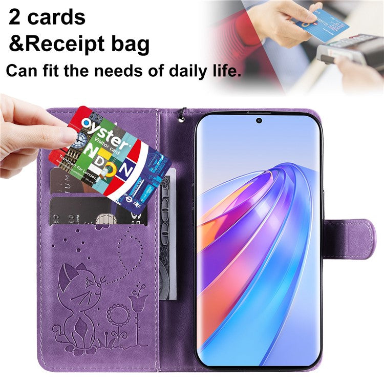 KT Imprinting Flower Series-4 for Honor X40 5G / X9a 5G / Magic5 Lite 5G Shockproof PU Leather Phone Shell, Imprinted Cat Bee Flower Stand Wallet Phone Case - Purple