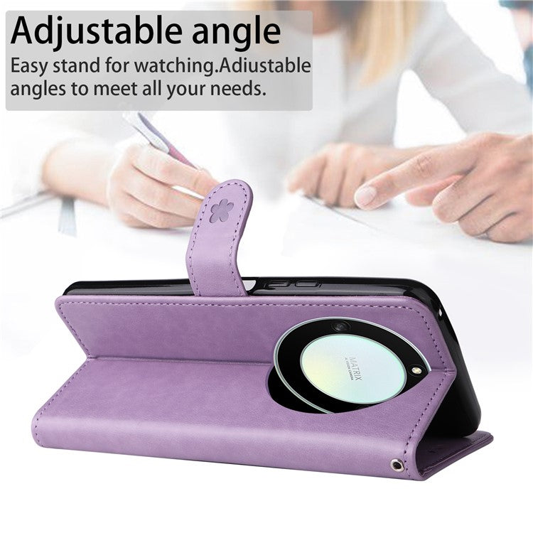 KT Imprinting Flower Series-4 for Honor X40 5G / X9a 5G / Magic5 Lite 5G Shockproof PU Leather Phone Shell, Imprinted Cat Bee Flower Stand Wallet Phone Case - Purple