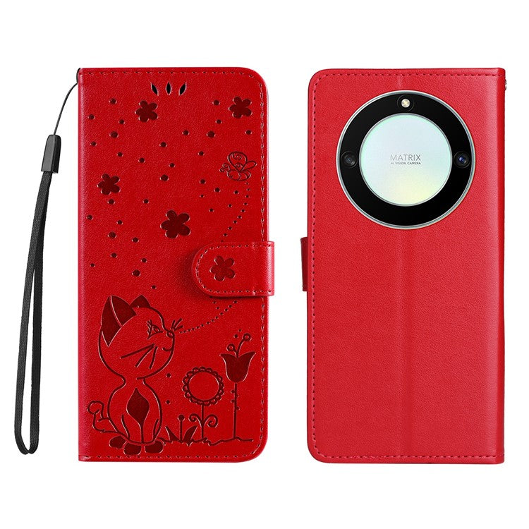 KT Imprinting Flower Series-4 for Honor X40 5G / X9a 5G / Magic5 Lite 5G Shockproof PU Leather Phone Shell, Imprinted Cat Bee Flower Stand Wallet Phone Case - Red