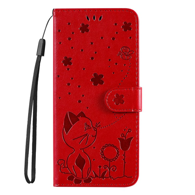 KT Imprinting Flower Series-4 for Honor X40 5G / X9a 5G / Magic5 Lite 5G Shockproof PU Leather Phone Shell, Imprinted Cat Bee Flower Stand Wallet Phone Case - Red