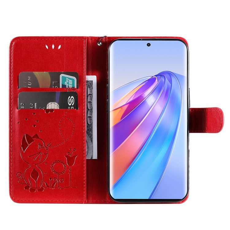 KT Imprinting Flower Series-4 for Honor X40 5G / X9a 5G / Magic5 Lite 5G Shockproof PU Leather Phone Shell, Imprinted Cat Bee Flower Stand Wallet Phone Case - Red