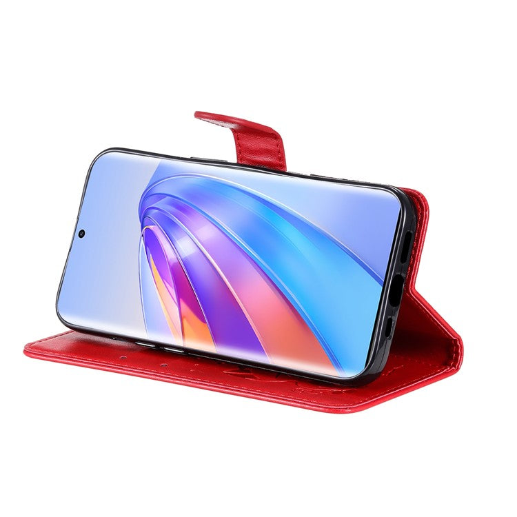 KT Imprinting Flower Series-4 for Honor X40 5G / X9a 5G / Magic5 Lite 5G Shockproof PU Leather Phone Shell, Imprinted Cat Bee Flower Stand Wallet Phone Case - Red