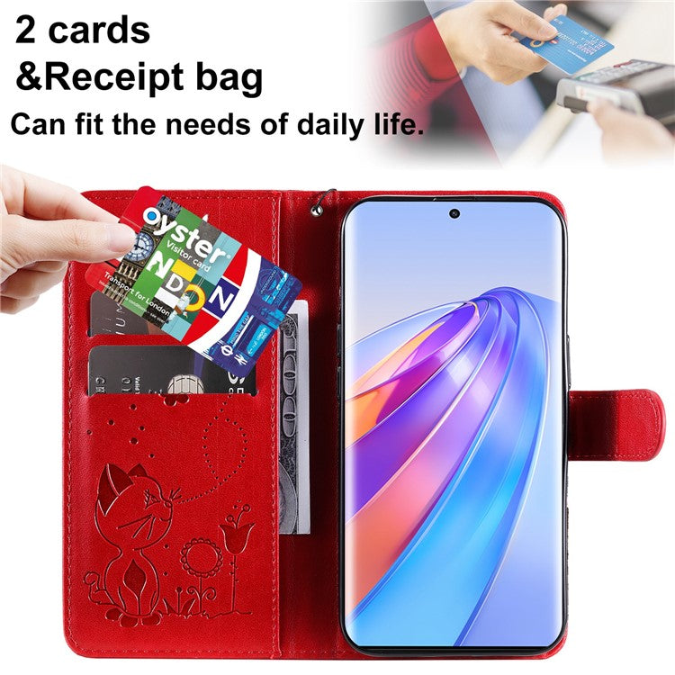 KT Imprinting Flower Series-4 for Honor X40 5G / X9a 5G / Magic5 Lite 5G Shockproof PU Leather Phone Shell, Imprinted Cat Bee Flower Stand Wallet Phone Case - Red
