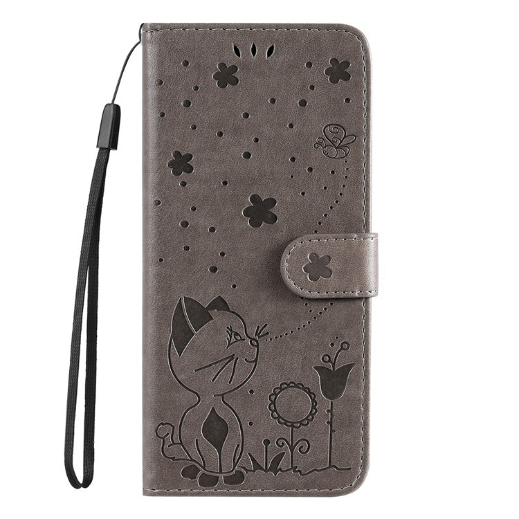 KT Imprinting Flower Series-4 for Honor X40 5G / X9a 5G / Magic5 Lite 5G Shockproof PU Leather Phone Shell, Imprinted Cat Bee Flower Stand Wallet Phone Case - Grey