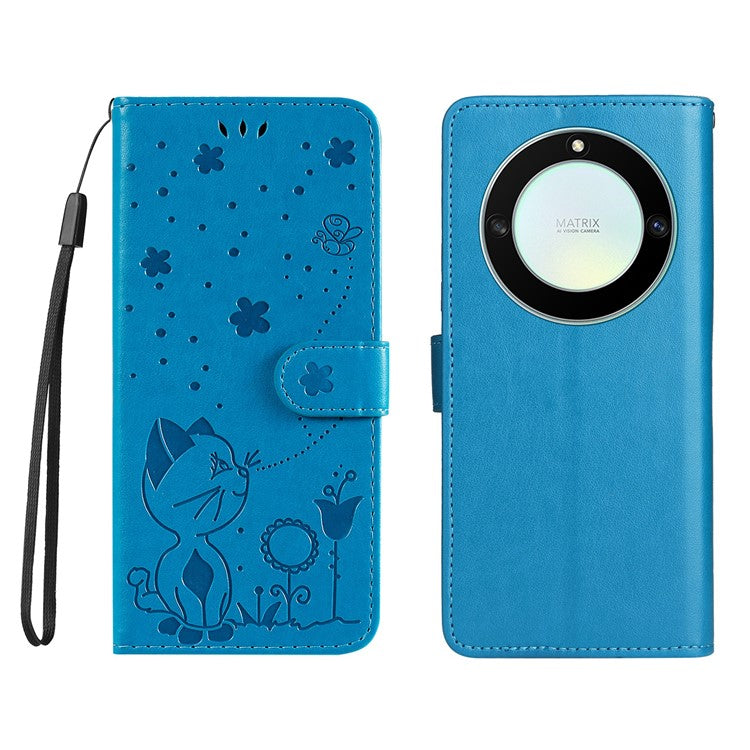 KT Imprinting Flower Series-4 for Honor X40 5G / X9a 5G / Magic5 Lite 5G Shockproof PU Leather Phone Shell, Imprinted Cat Bee Flower Stand Wallet Phone Case - Blue