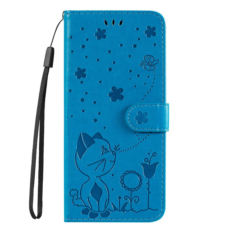 KT Imprinting Flower Series-4 for Honor X40 5G / X9a 5G / Magic5 Lite 5G Shockproof PU Leather Phone Shell, Imprinted Cat Bee Flower Stand Wallet Phone Case - Blue