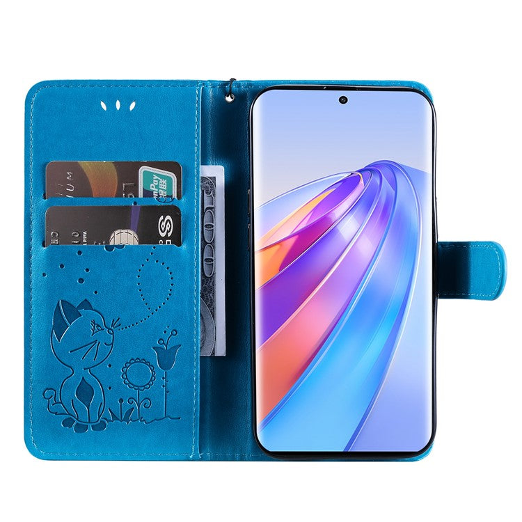 KT Imprinting Flower Series-4 for Honor X40 5G / X9a 5G / Magic5 Lite 5G Shockproof PU Leather Phone Shell, Imprinted Cat Bee Flower Stand Wallet Phone Case - Blue