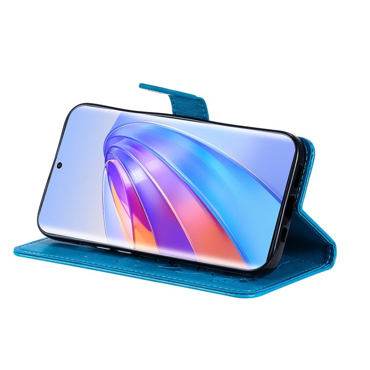 KT Imprinting Flower Series-4 for Honor X40 5G / X9a 5G / Magic5 Lite 5G Shockproof PU Leather Phone Shell, Imprinted Cat Bee Flower Stand Wallet Phone Case - Blue