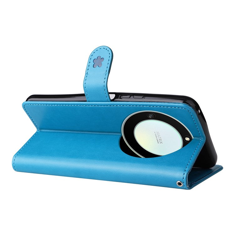 KT Imprinting Flower Series-4 for Honor X40 5G / X9a 5G / Magic5 Lite 5G Shockproof PU Leather Phone Shell, Imprinted Cat Bee Flower Stand Wallet Phone Case - Blue