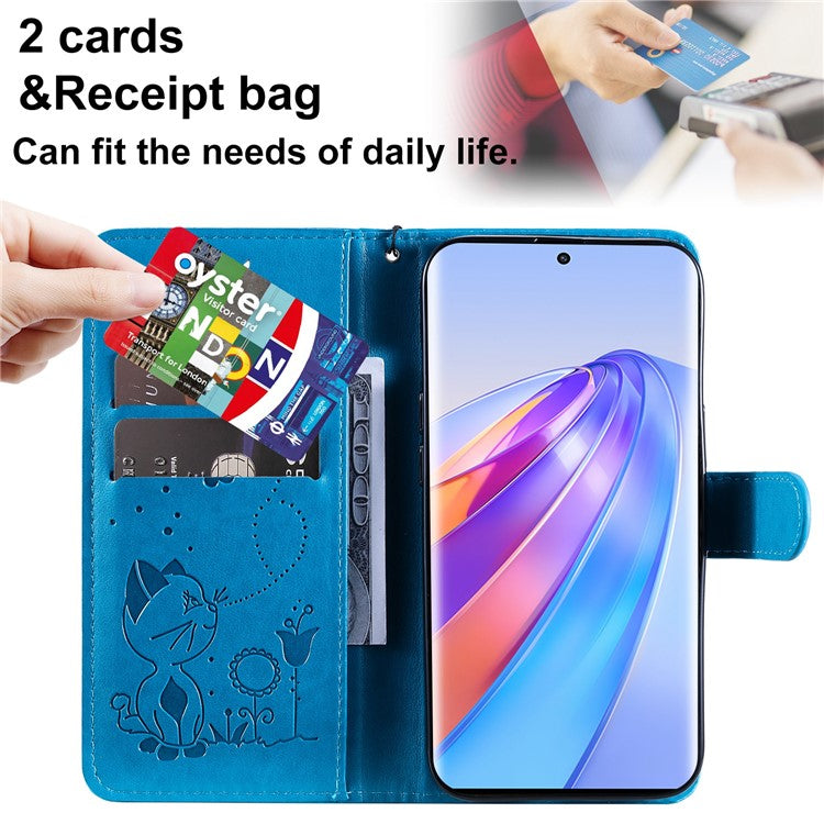 KT Imprinting Flower Series-4 for Honor X40 5G / X9a 5G / Magic5 Lite 5G Shockproof PU Leather Phone Shell, Imprinted Cat Bee Flower Stand Wallet Phone Case - Blue