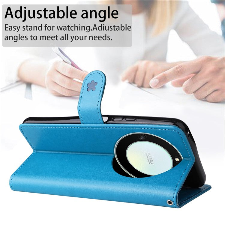 KT Imprinting Flower Series-4 for Honor X40 5G / X9a 5G / Magic5 Lite 5G Shockproof PU Leather Phone Shell, Imprinted Cat Bee Flower Stand Wallet Phone Case - Blue