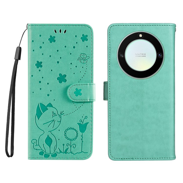 KT Imprinting Flower Series-4 for Honor X40 5G / X9a 5G / Magic5 Lite 5G Shockproof PU Leather Phone Shell, Imprinted Cat Bee Flower Stand Wallet Phone Case - Green