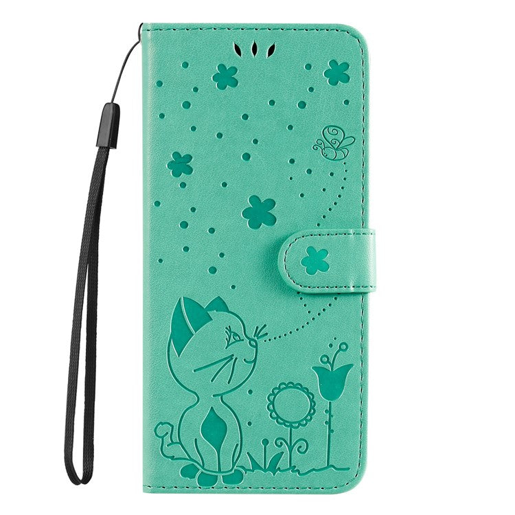 KT Imprinting Flower Series-4 for Honor X40 5G / X9a 5G / Magic5 Lite 5G Shockproof PU Leather Phone Shell, Imprinted Cat Bee Flower Stand Wallet Phone Case - Green