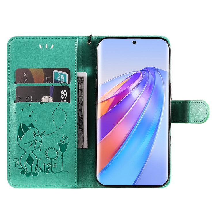 KT Imprinting Flower Series-4 for Honor X40 5G / X9a 5G / Magic5 Lite 5G Shockproof PU Leather Phone Shell, Imprinted Cat Bee Flower Stand Wallet Phone Case - Green
