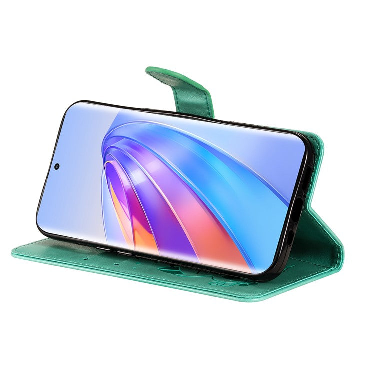 KT Imprinting Flower Series-4 for Honor X40 5G / X9a 5G / Magic5 Lite 5G Shockproof PU Leather Phone Shell, Imprinted Cat Bee Flower Stand Wallet Phone Case - Green