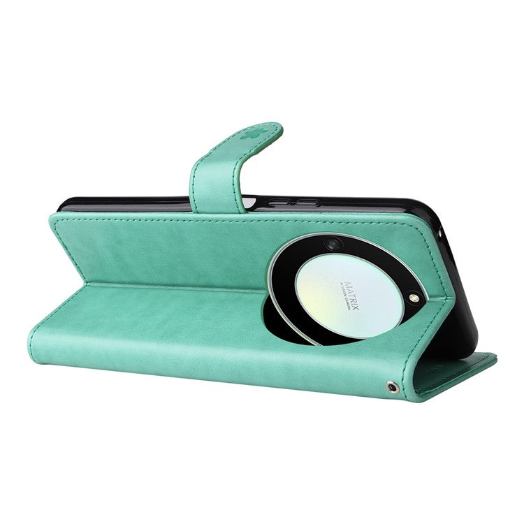 KT Imprinting Flower Series-4 for Honor X40 5G / X9a 5G / Magic5 Lite 5G Shockproof PU Leather Phone Shell, Imprinted Cat Bee Flower Stand Wallet Phone Case - Green