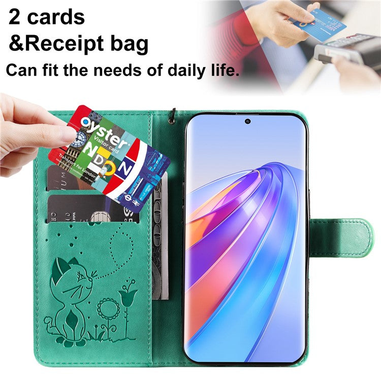 KT Imprinting Flower Series-4 for Honor X40 5G / X9a 5G / Magic5 Lite 5G Shockproof PU Leather Phone Shell, Imprinted Cat Bee Flower Stand Wallet Phone Case - Green