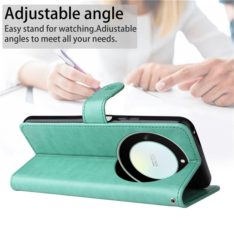 KT Imprinting Flower Series-4 for Honor X40 5G / X9a 5G / Magic5 Lite 5G Shockproof PU Leather Phone Shell, Imprinted Cat Bee Flower Stand Wallet Phone Case - Green