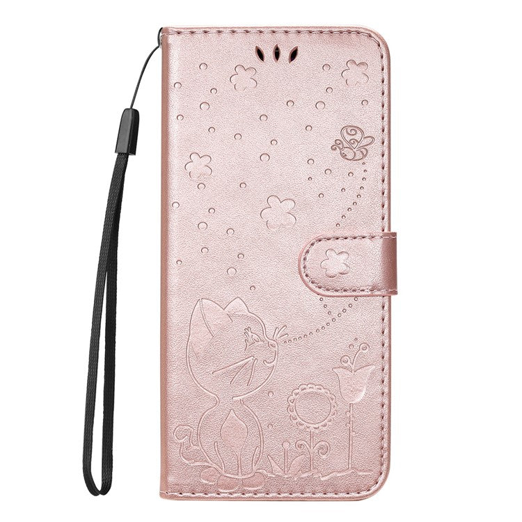 KT Imprinting Flower Series-4 for Honor X40 5G / X9a 5G / Magic5 Lite 5G Shockproof PU Leather Phone Shell, Imprinted Cat Bee Flower Stand Wallet Phone Case - Rose Gold