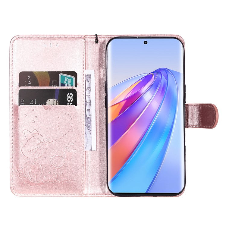 KT Imprinting Flower Series-4 for Honor X40 5G / X9a 5G / Magic5 Lite 5G Shockproof PU Leather Phone Shell, Imprinted Cat Bee Flower Stand Wallet Phone Case - Rose Gold