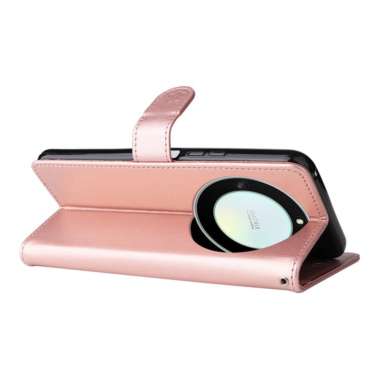 KT Imprinting Flower Series-4 for Honor X40 5G / X9a 5G / Magic5 Lite 5G Shockproof PU Leather Phone Shell, Imprinted Cat Bee Flower Stand Wallet Phone Case - Rose Gold