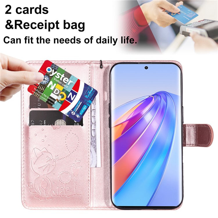 KT Imprinting Flower Series-4 for Honor X40 5G / X9a 5G / Magic5 Lite 5G Shockproof PU Leather Phone Shell, Imprinted Cat Bee Flower Stand Wallet Phone Case - Rose Gold