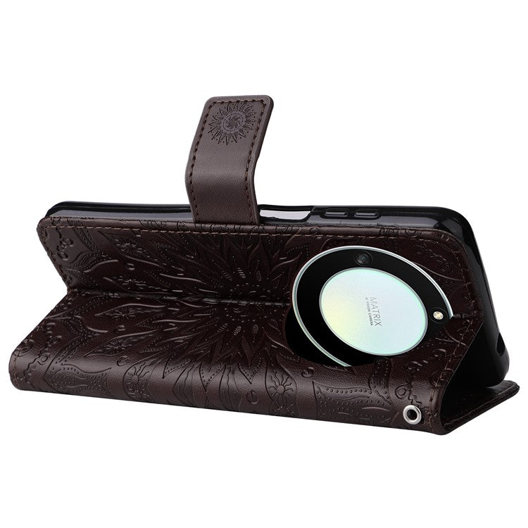 KT Imprinting Flower Series-1 for Honor X40 5G / X9a 5G / Magic5 Lite 5G PU Leather Magnetic Case Imprinted Sunflower Wallet Function Stand Flip Phone Cover with Strap - Brown