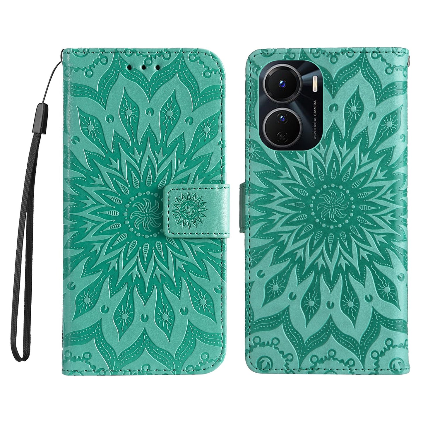 KT Imprinting Flower Series-1 for vivo Y16 4G / Y02s 4G Adjustable Stand Phone Wallet Cover Sunflower Imprinted PU Leather Shockproof Phone Case - Green