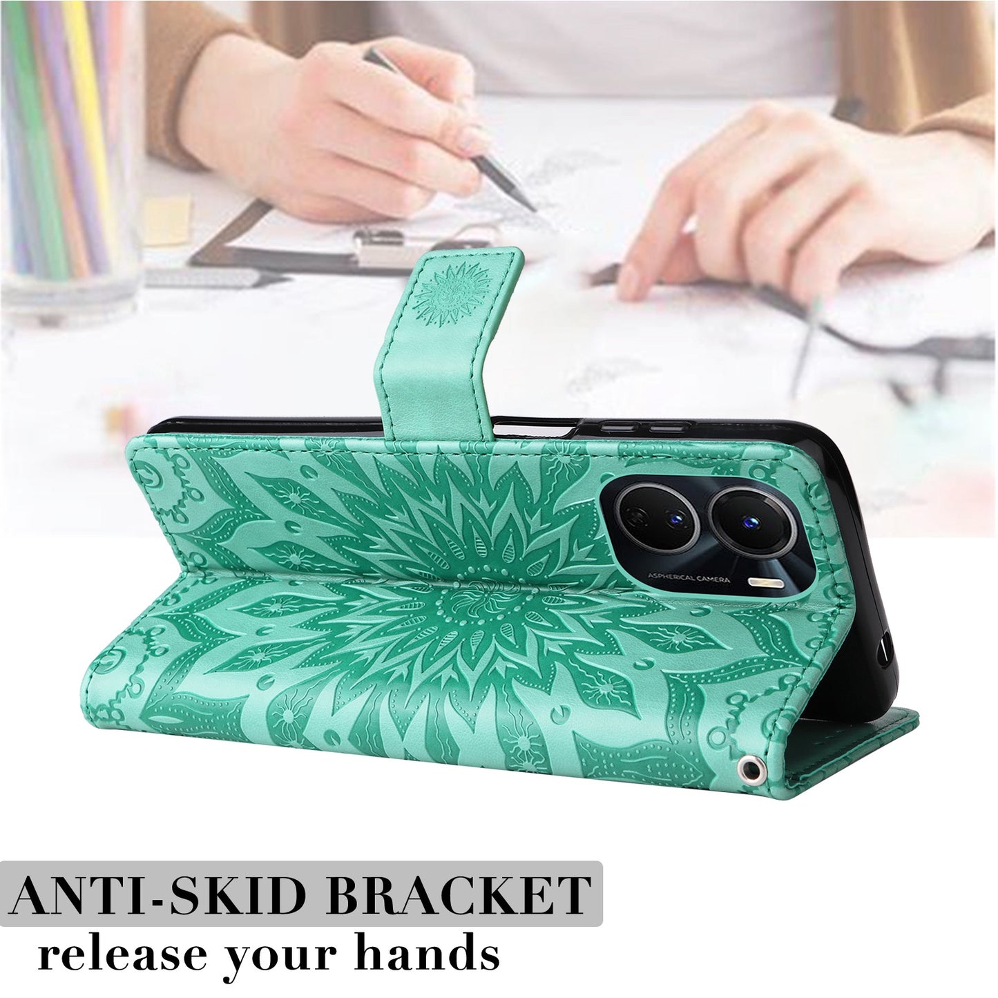 KT Imprinting Flower Series-1 for vivo Y16 4G / Y02s 4G Adjustable Stand Phone Wallet Cover Sunflower Imprinted PU Leather Shockproof Phone Case - Green