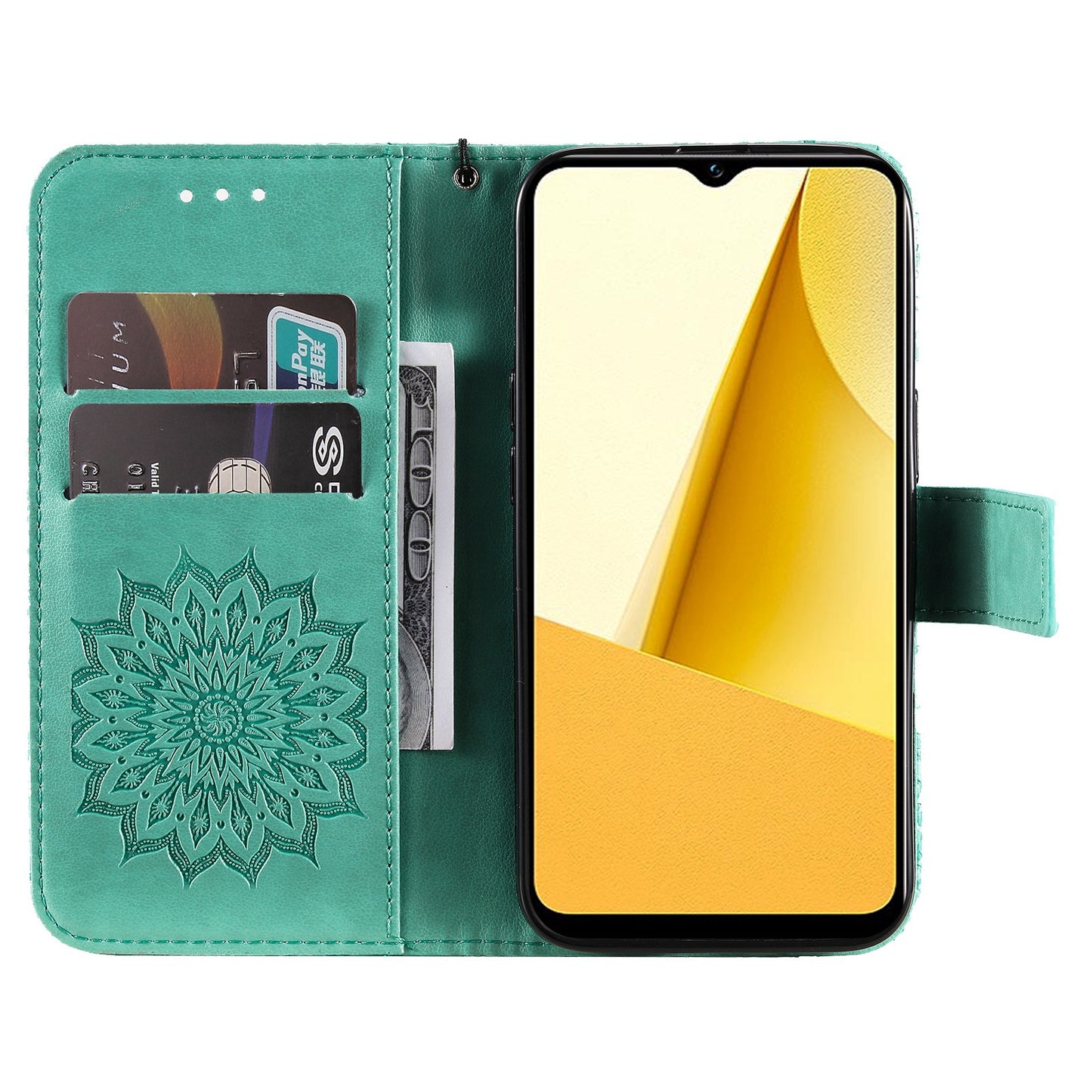 KT Imprinting Flower Series-1 for vivo Y16 4G / Y02s 4G Adjustable Stand Phone Wallet Cover Sunflower Imprinted PU Leather Shockproof Phone Case - Green