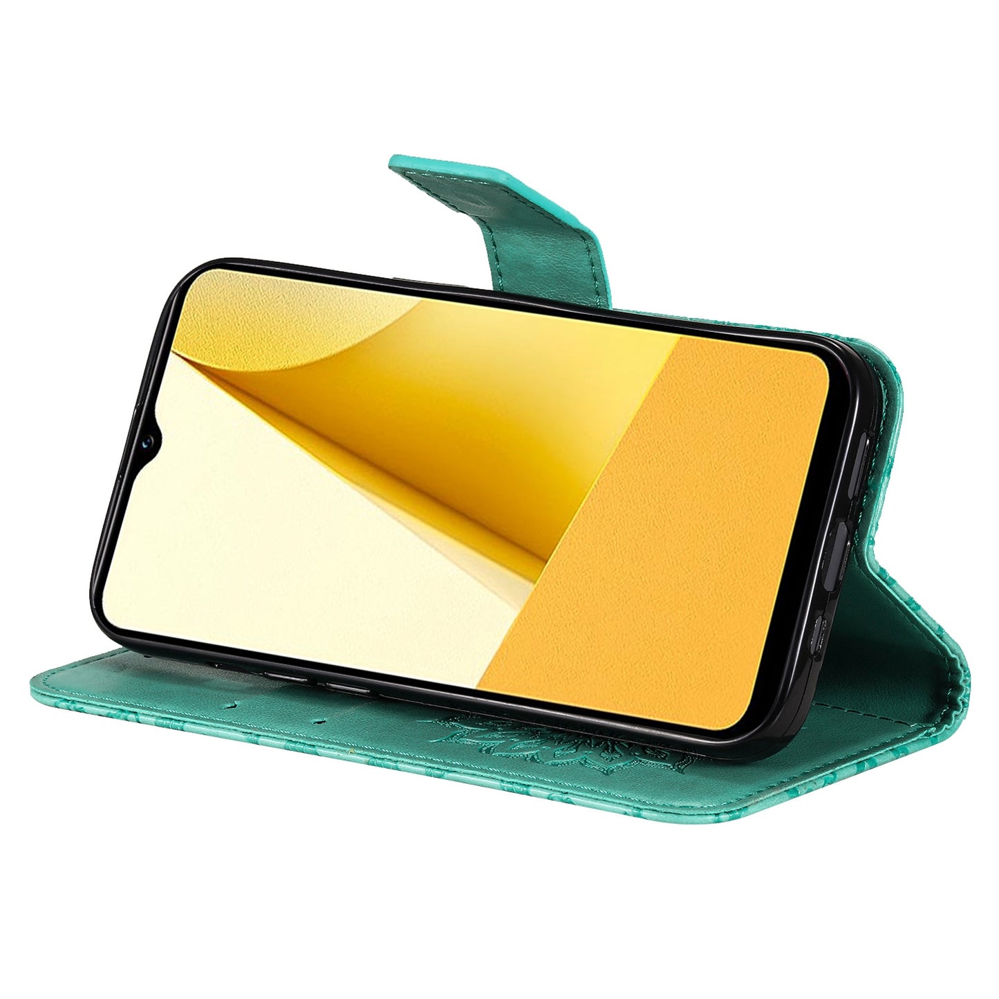 KT Imprinting Flower Series-1 for vivo Y16 4G / Y02s 4G Adjustable Stand Phone Wallet Cover Sunflower Imprinted PU Leather Shockproof Phone Case - Green