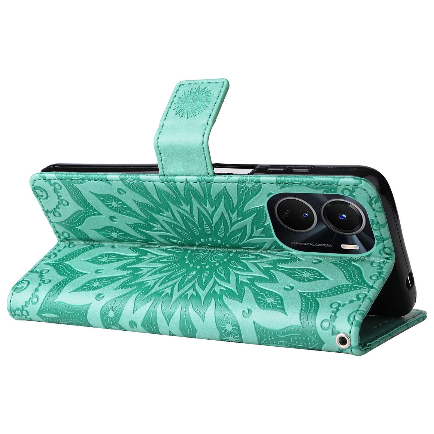 KT Imprinting Flower Series-1 for vivo Y16 4G / Y02s 4G Adjustable Stand Phone Wallet Cover Sunflower Imprinted PU Leather Shockproof Phone Case - Green