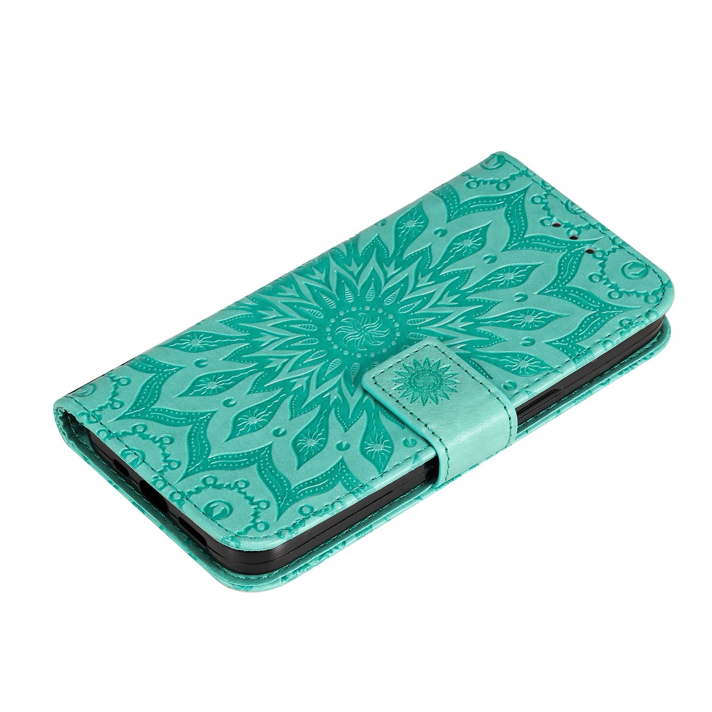 KT Imprinting Flower Series-1 for vivo Y16 4G / Y02s 4G Adjustable Stand Phone Wallet Cover Sunflower Imprinted PU Leather Shockproof Phone Case - Green