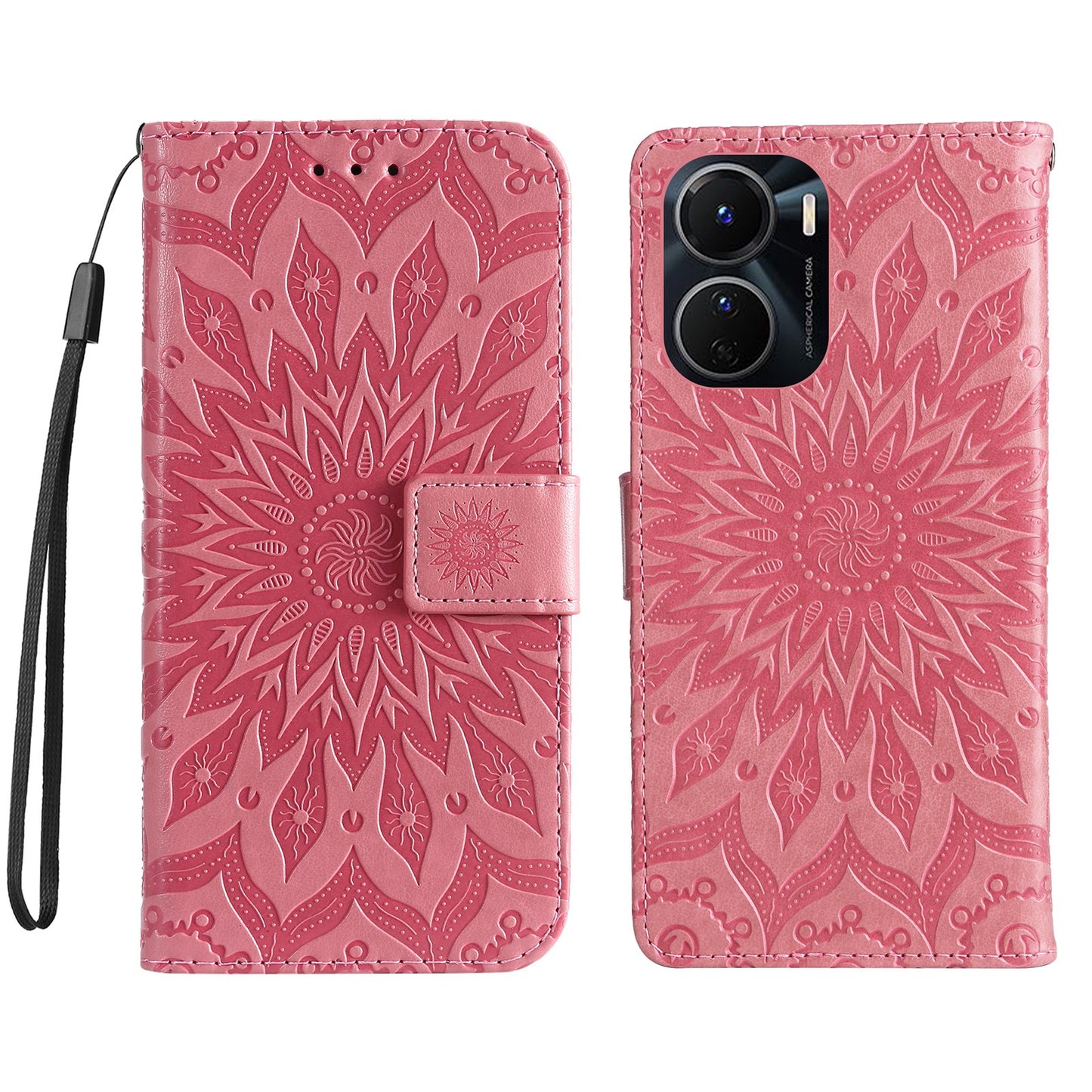 KT Imprinting Flower Series-1 for vivo Y16 4G / Y02s 4G Adjustable Stand Phone Wallet Cover Sunflower Imprinted PU Leather Shockproof Phone Case - Pink