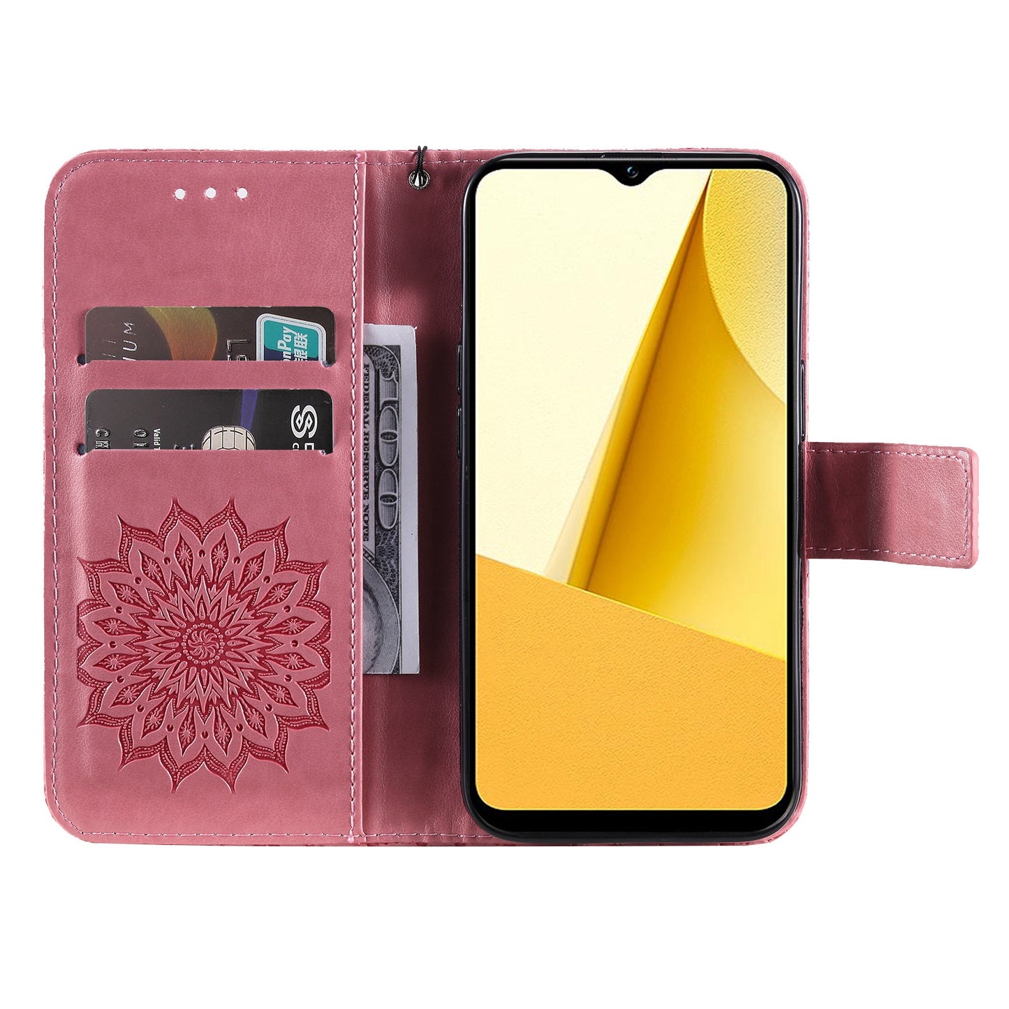 KT Imprinting Flower Series-1 for vivo Y16 4G / Y02s 4G Adjustable Stand Phone Wallet Cover Sunflower Imprinted PU Leather Shockproof Phone Case - Pink