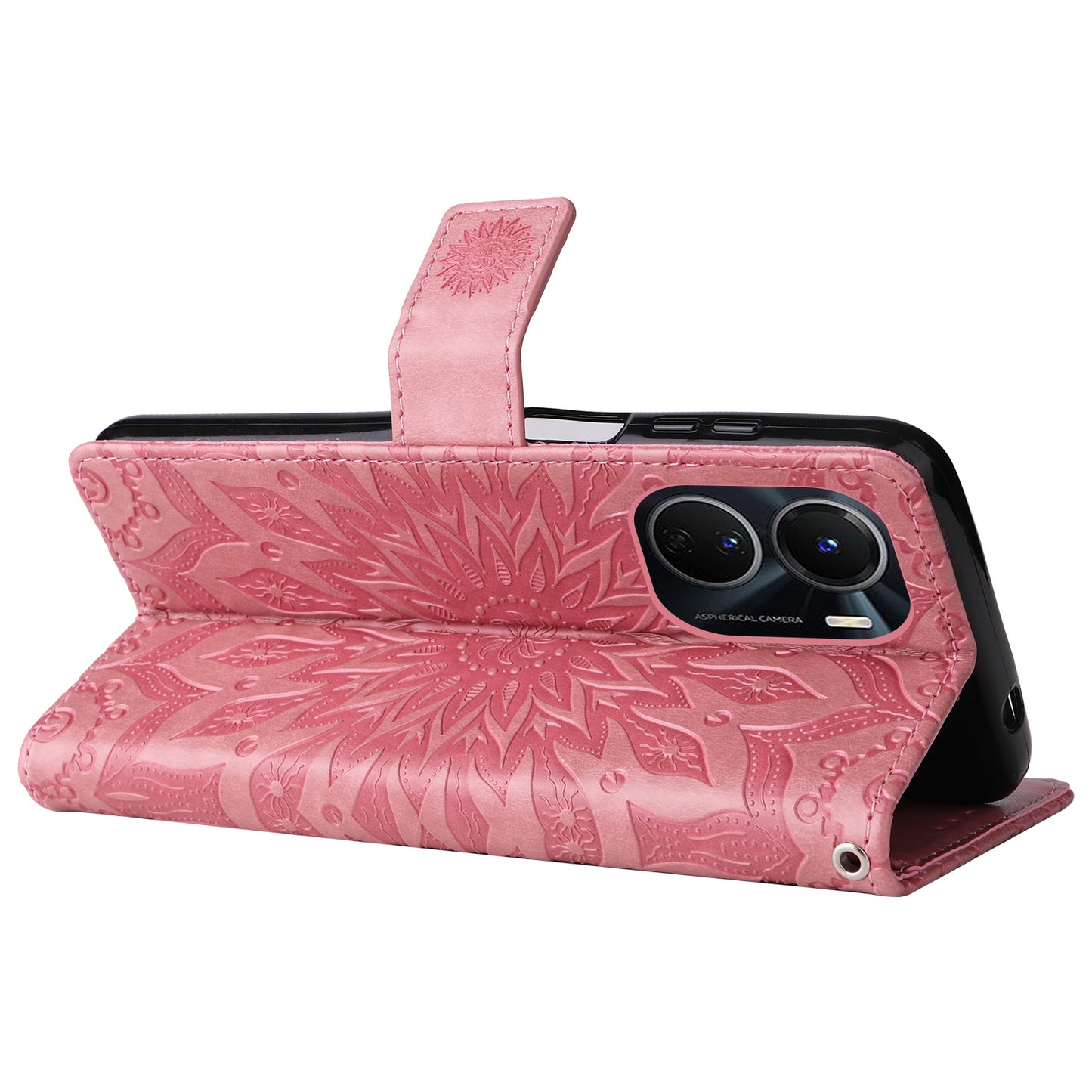 KT Imprinting Flower Series-1 for vivo Y16 4G / Y02s 4G Adjustable Stand Phone Wallet Cover Sunflower Imprinted PU Leather Shockproof Phone Case - Pink