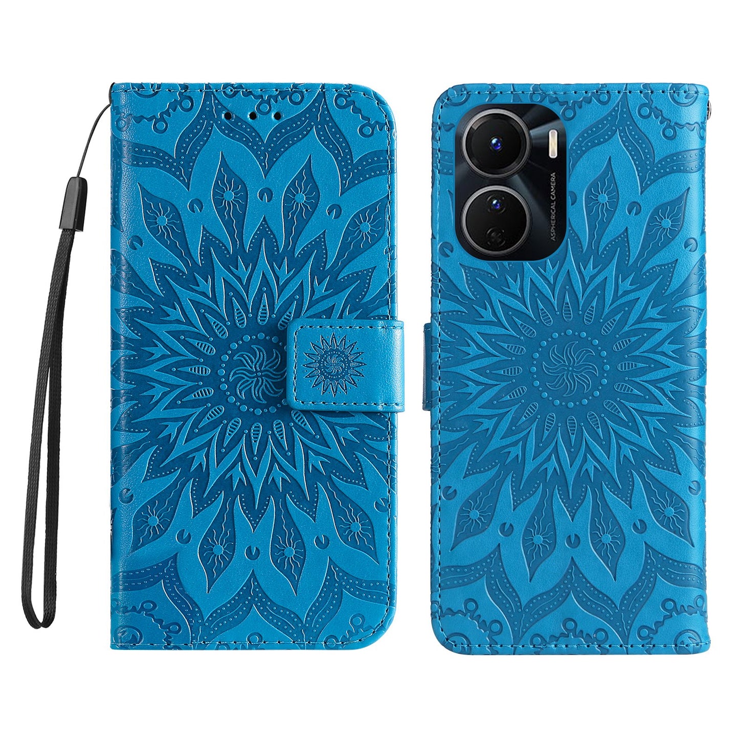 KT Imprinting Flower Series-1 for vivo Y16 4G / Y02s 4G Adjustable Stand Phone Wallet Cover Sunflower Imprinted PU Leather Shockproof Phone Case - Blue