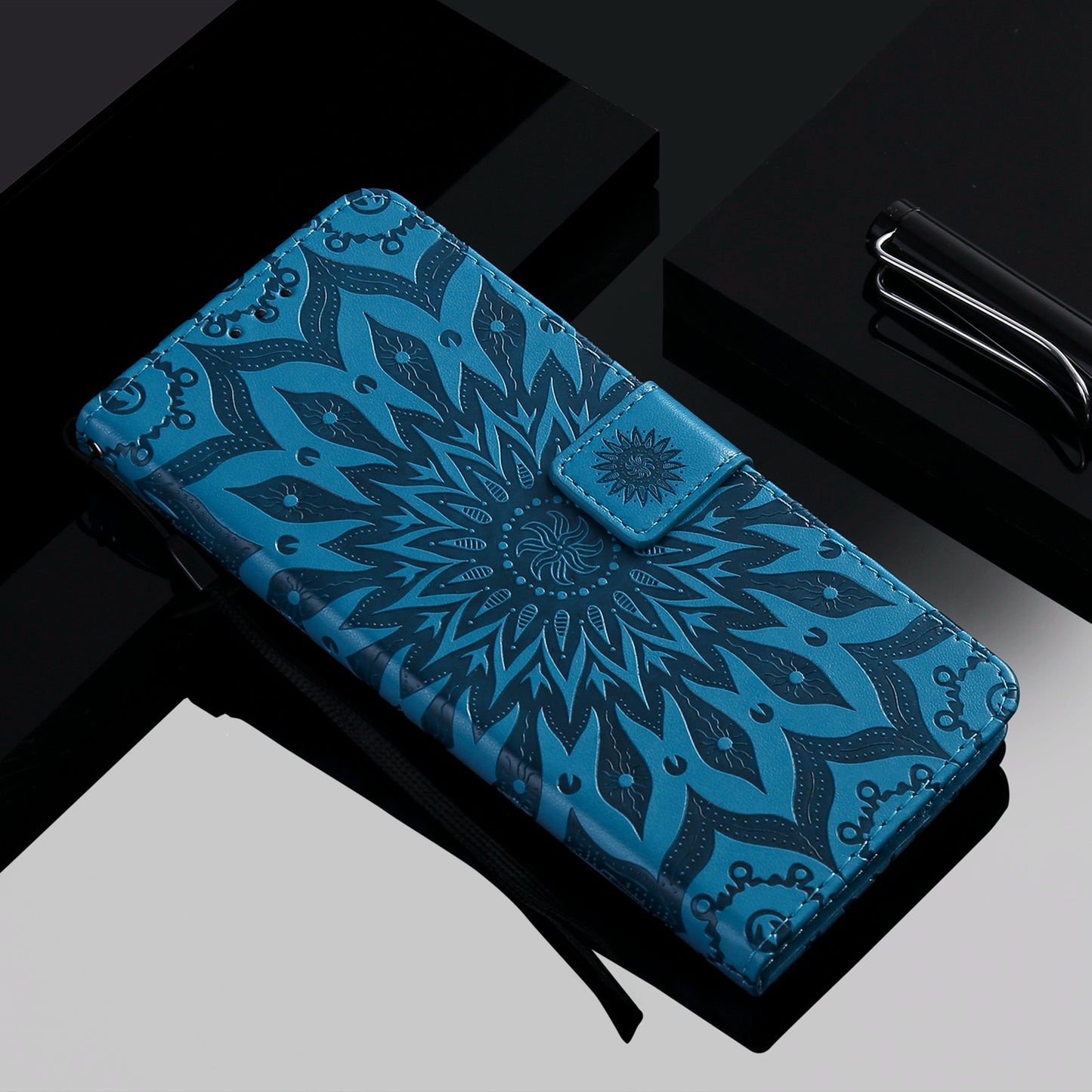 KT Imprinting Flower Series-1 for vivo Y16 4G / Y02s 4G Adjustable Stand Phone Wallet Cover Sunflower Imprinted PU Leather Shockproof Phone Case - Blue